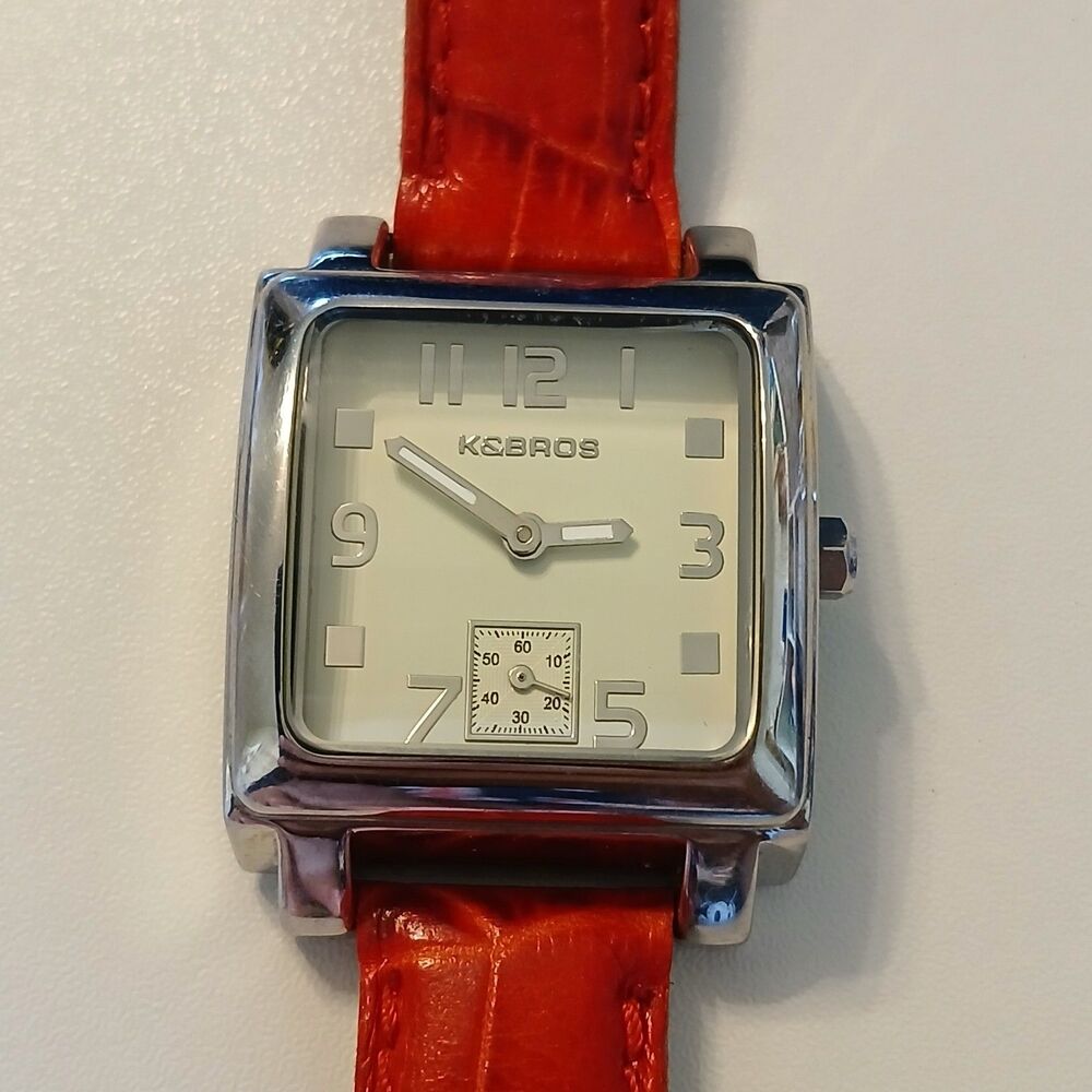 K&Bros Italian Design Square Quartz Watch Red Leather Strap Sub Seconds Silver